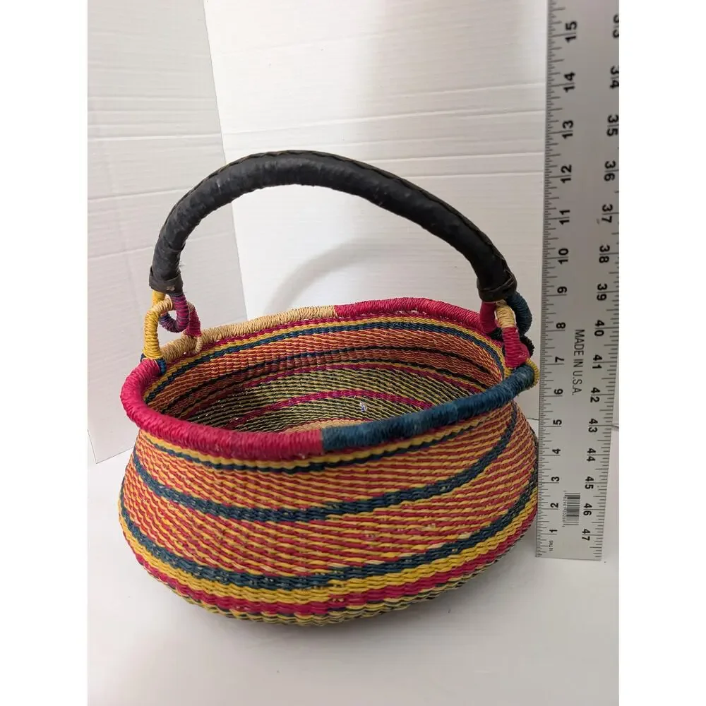 Vintage African Bolga Market Basket, Colorful Woven Ghana Shopping Tote